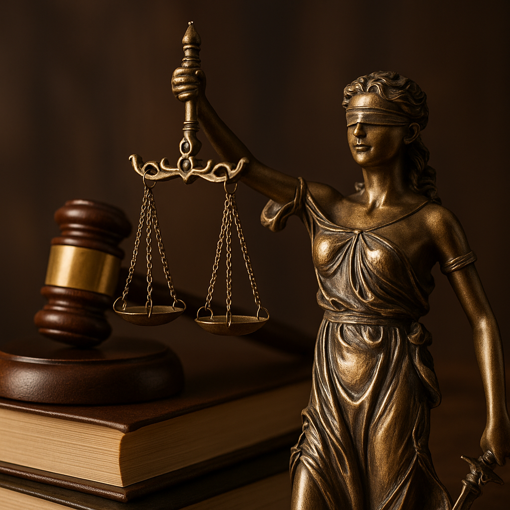 Gözü kapalı adalet heykeli, kitap ve hakim tokmağı